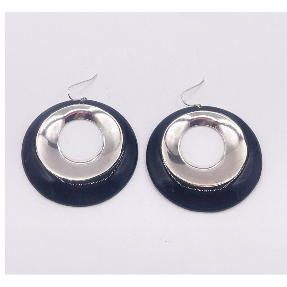 Vintage Black Enamel Hoop Earrings Silver Tone Mod 2 1/4” Statement Dangle Retro